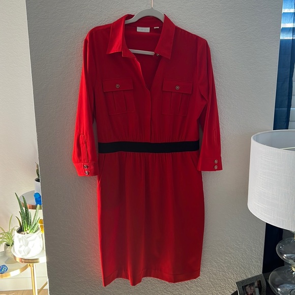 NY&CO Red Stretchy Shirt Dress with Black Band Accent - Picture 2 of 6